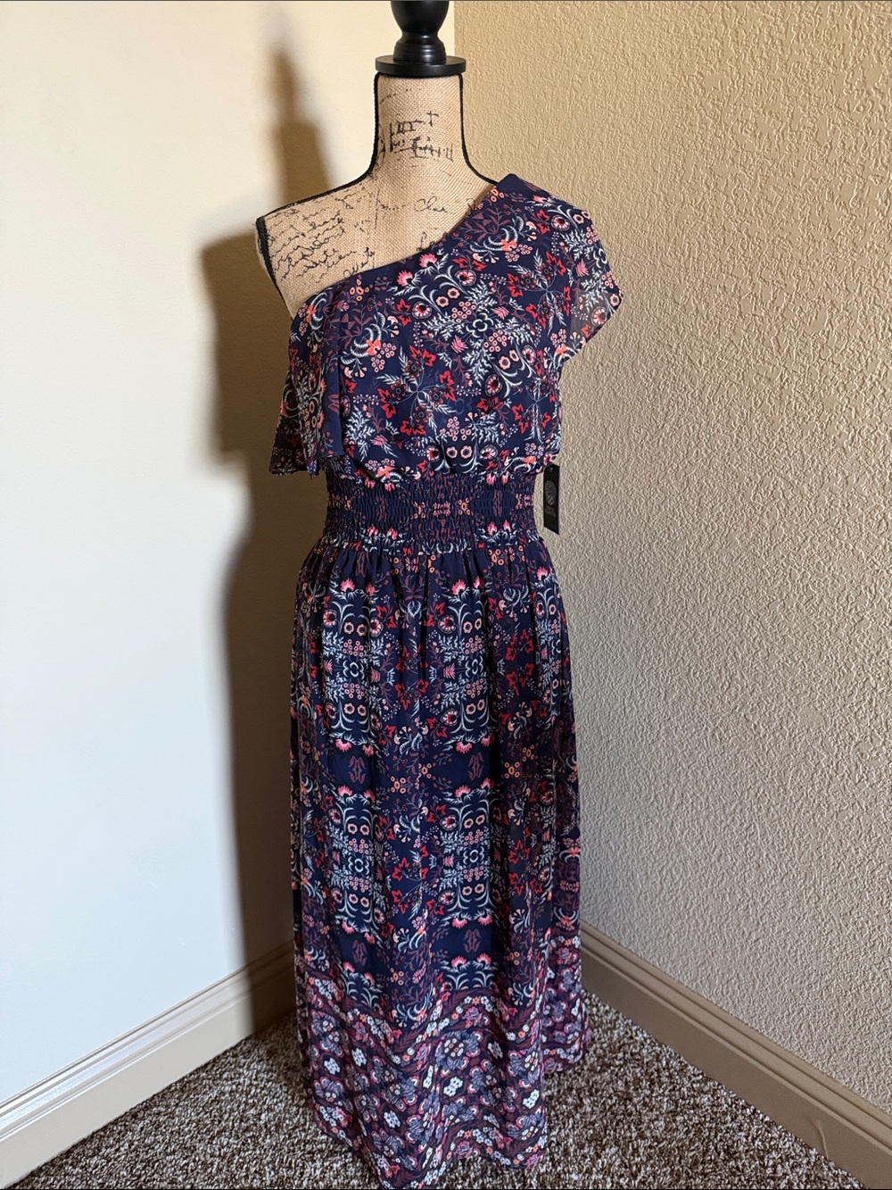 Vince Camuto Navy One-Shoulder Floral Maxi Dress